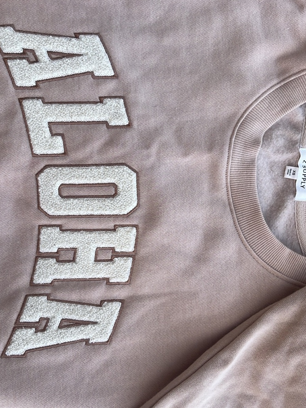 Z Supply Off-the-Shoulder Chenille Letter Sweater in Dusty Rose